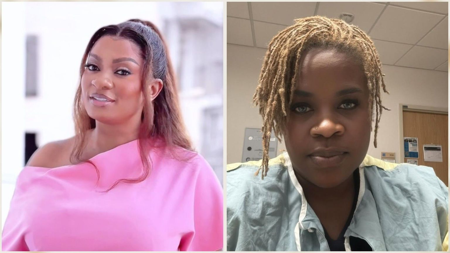 Side-by-side image of May Yul Edochie and Yinka Theisen. On the left, May Yul Edochie is dressed in a pink off-shoulder outfit, smiling softly at the camera. On the right, Yinka Theisen is pictured indoors wearing a medical gown, with blonde dreadlocks falling across her face as she looks directly at the camera.