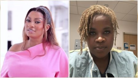 Side-by-side image of May Yul Edochie and Yinka Theisen. On the left, May Yul Edochie is dressed in a pink off-shoulder outfit, smiling softly at the camera. On the right, Yinka Theisen is pictured indoors wearing a medical gown, with blonde dreadlocks falling across her face as she looks directly at the camera.