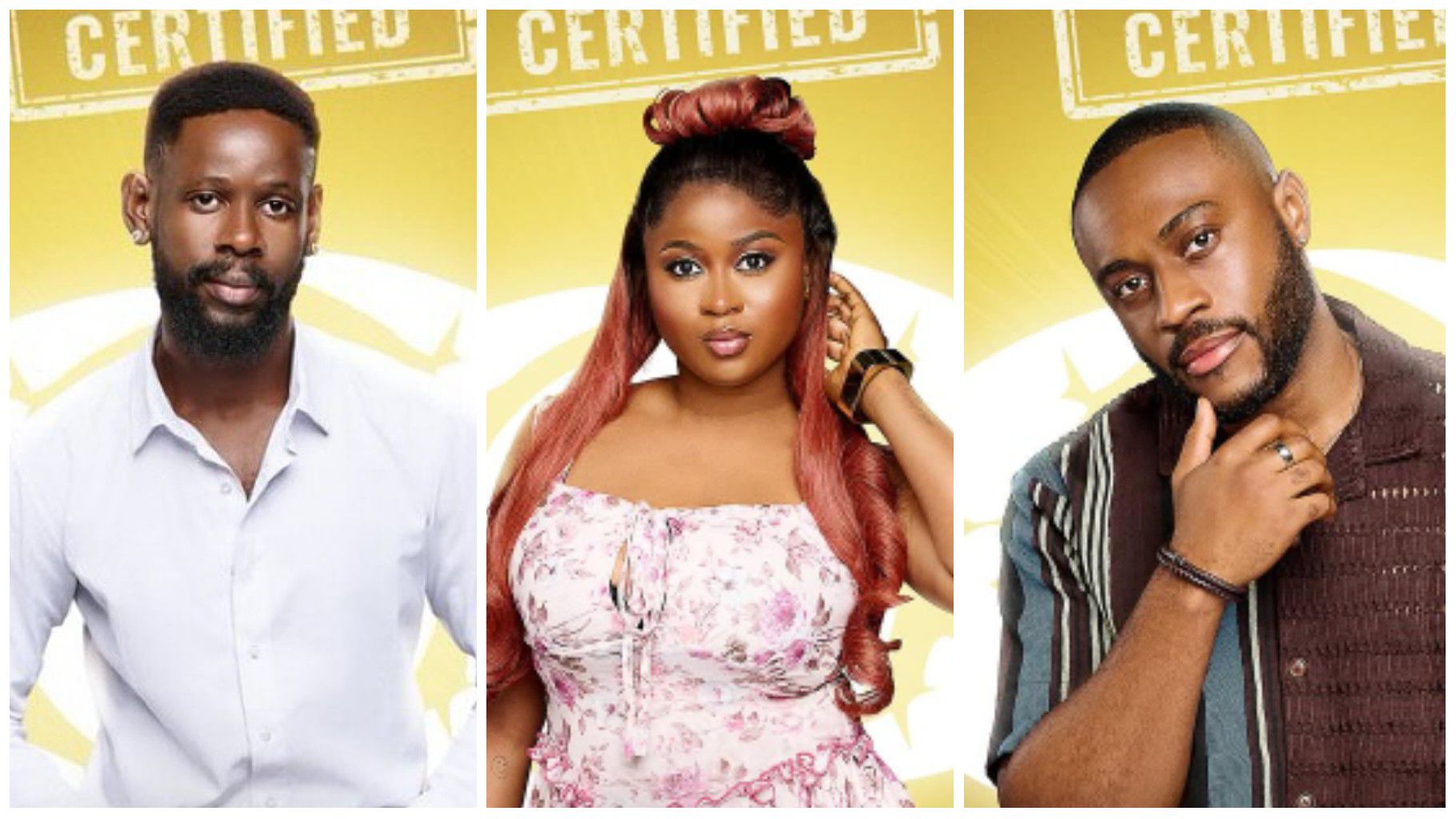 BBNaija Season 10 housemates Mensan, Imisi, and Kola pose in their official portraits against a yellow background with the “Certified” stamp above their heads.
