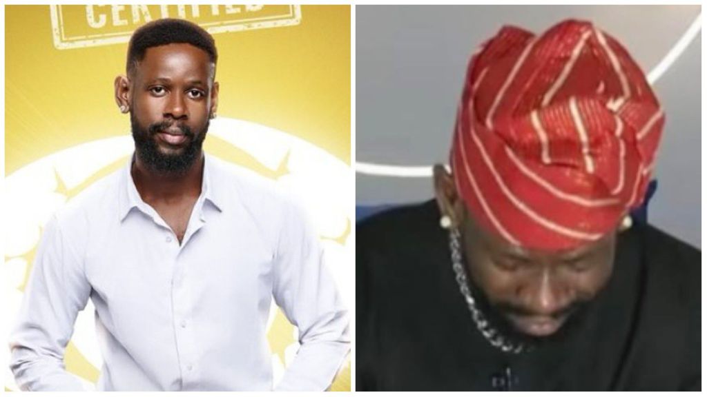 Split image showing BBNaija Season 10 housemate Mensan. On the left, he poses in a white shirt against a yellow certified background. On the right, he bows his head while wearing a red and white striped cap with black attire.