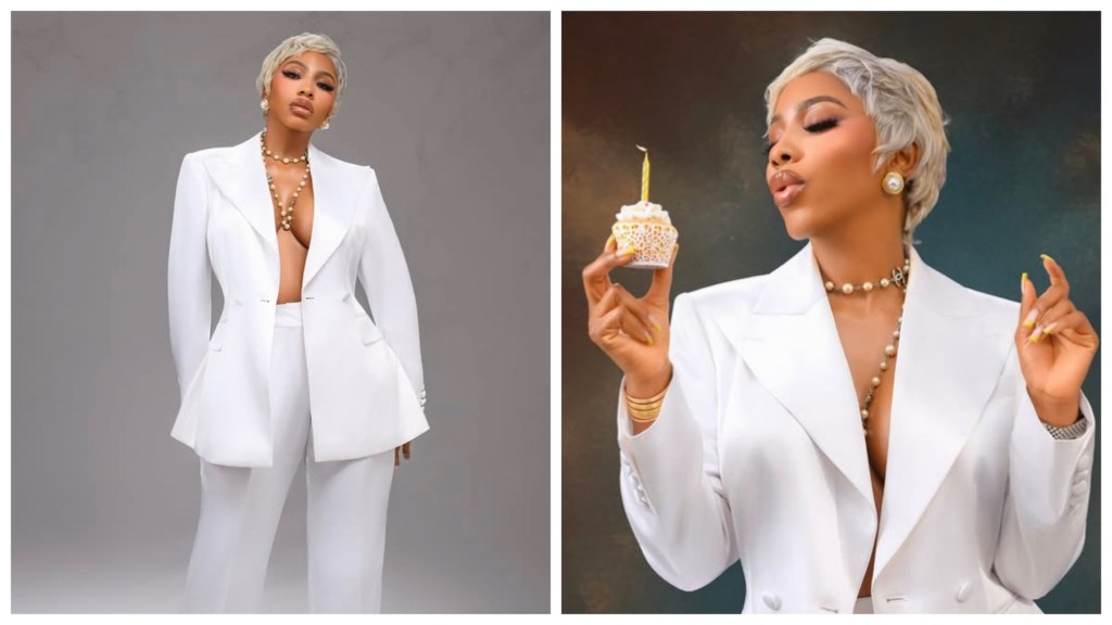 Mercy Eke celebrates birthday with warm note, an all white outfit and blonde hair.