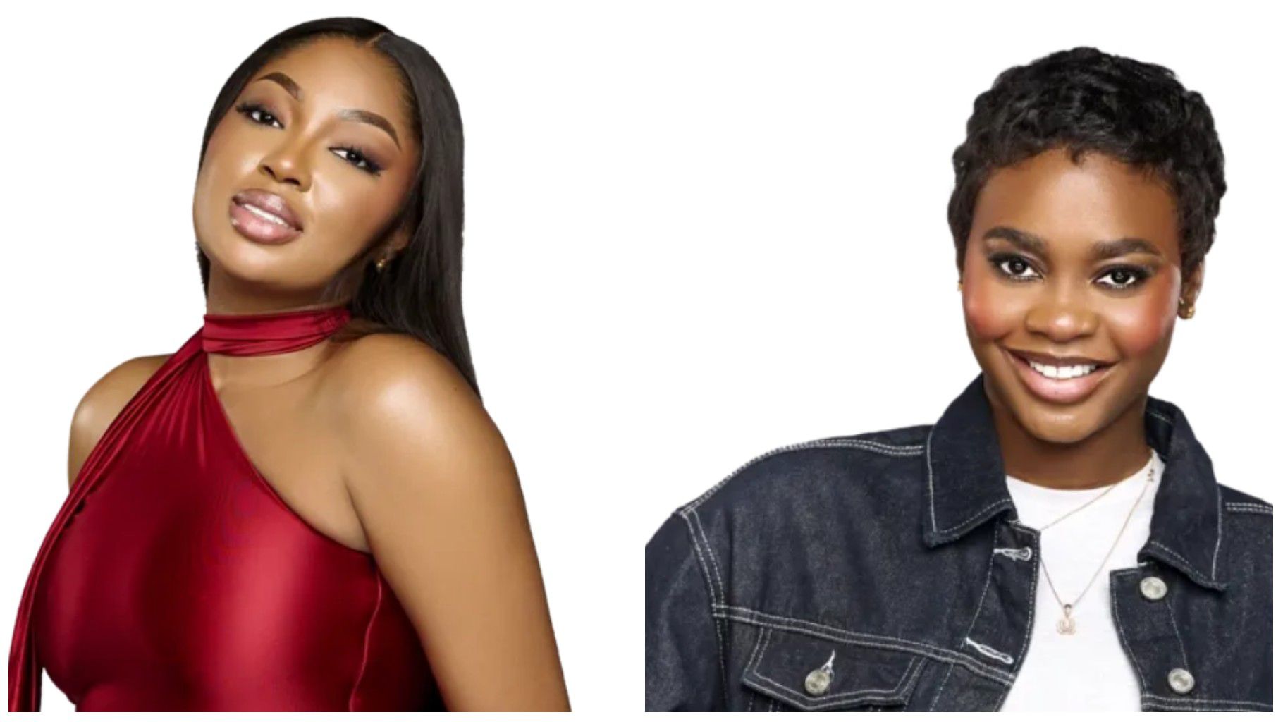 Side-by-side portraits of BBNaija Season 10 housemates Mide and Dede. On the left, Mide poses in a sleeveless red halter-neck dress with sleek straight hair and glossy makeup. On the right, Dede smiles brightly in a black denim jacket over a white top, accessorised with a necklace.