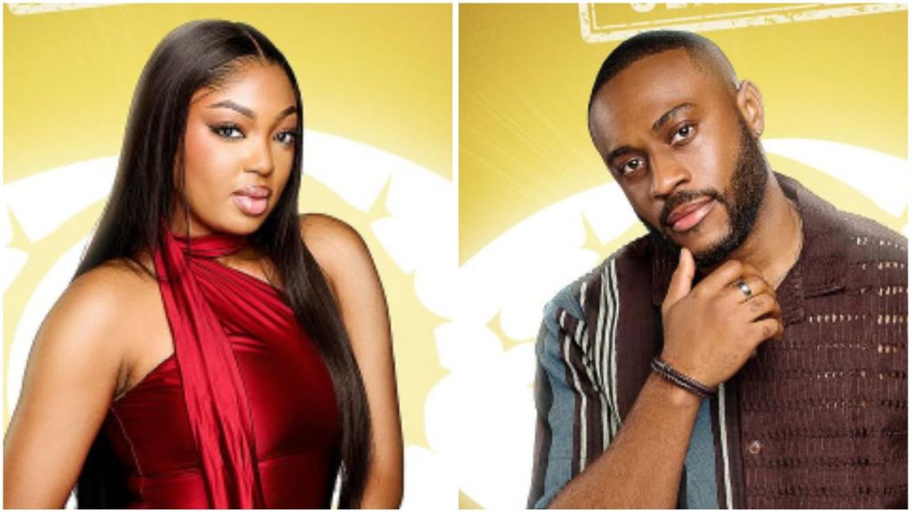 Side-by-side portraits of BBNaija housemates Mide in a red outfit with long straight hair on the left, and Kola wearing a brown patterned shirt with his hand on his chin on the right, both against a yellow background.