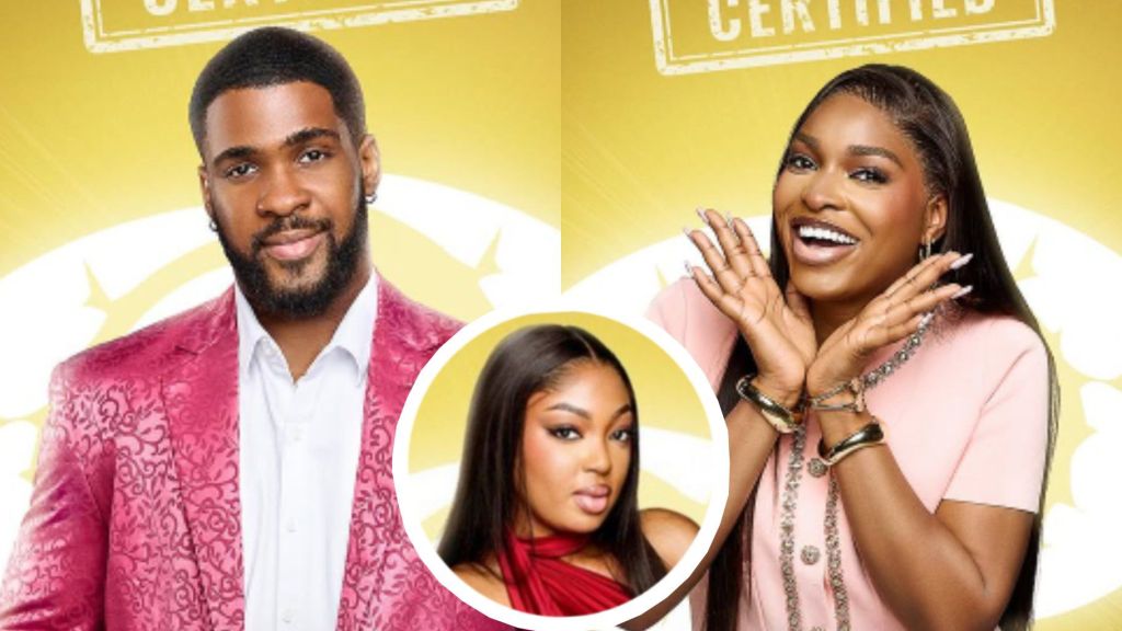 BBNaija Season 10 housemates Bright Morgan, Thelma Lawson, and Mide featured in their official portraits. Bright wears a patterned pink blazer over a white shirt, Thelma poses smiling in a pink top, while Mide appears in a red dress inside a circular frame overlay. The backdrop is golden with the Big Brother eye logo.