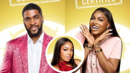 BBNaija Season 10 housemates Bright Morgan, Thelma Lawson, and Mide featured in their official portraits. Bright wears a patterned pink blazer over a white shirt, Thelma poses smiling in a pink top, while Mide appears in a red dress inside a circular frame overlay. The backdrop is golden with the Big Brother eye logo.