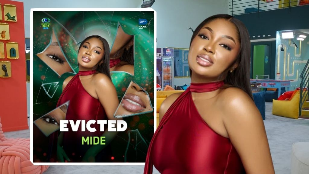 BBNaija Season 10 housemate Mide in a red outfit, with her official eviction poster showing the word “Evicted” placed beside her.
