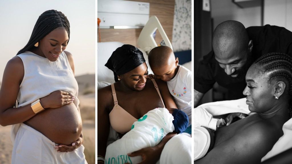 Collage of three moments: Perri Shakes-Drayton cradling her baby bump during pregnancy, smiling in a hospital bed while bonding with her newborn and first son, and a tender black-and-white moment of Perri and husband Mike Edwards embracing their newborn after delivery.