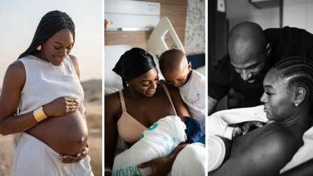 Collage of three moments: Perri Shakes-Drayton cradling her baby bump during pregnancy, smiling in a hospital bed while bonding with her newborn and first son, and a tender black-and-white moment of Perri and husband Mike Edwards embracing their newborn after delivery.