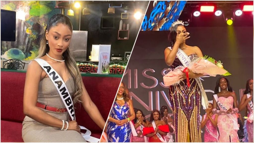 Newly crowned Miss Universe Nigeria 2024, Onyinyechi Basil, seen in two moments — seated in a stylish beige dress with her “Anambra” sash before the event, and later on stage wearing a sparkling gown, holding flowers and covering her mouth in shock after being announced the winner.