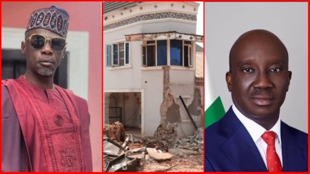 Nigerian politician Monday Okpebholo in a suit with a red tie, a partially demolished building in the centre, and businessman Tony Kabaka wearing traditional attire and sunglasses.