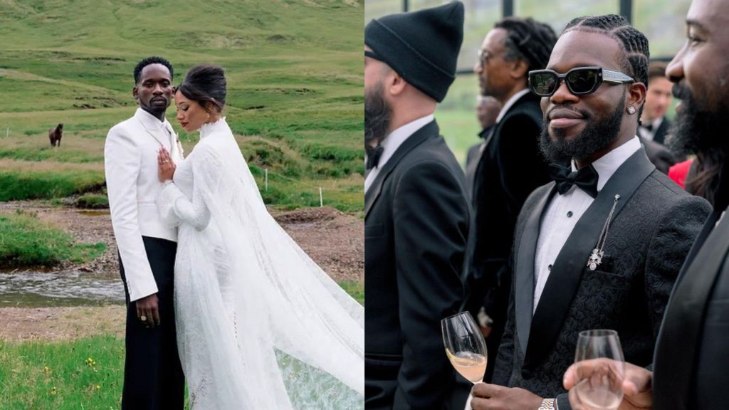 Nigerian singer Mr Eazi and actress Temi Otedola pose in elegant wedding attire by a scenic green landscape, alongside a second photo showing guests in tuxedos enjoying drinks at the ceremony.