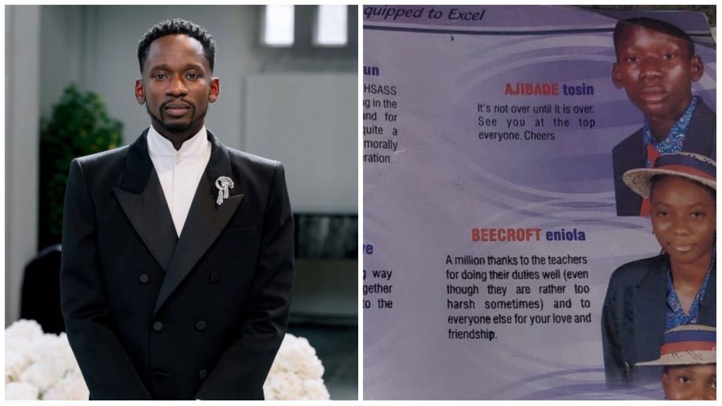 A collage showing Nigerian singer Mr Eazi in a black and white suit on the left, and a scanned yearbook photo of his secondary school classmates, Ajibade Tosin and Beecroft Eniola, on the right.