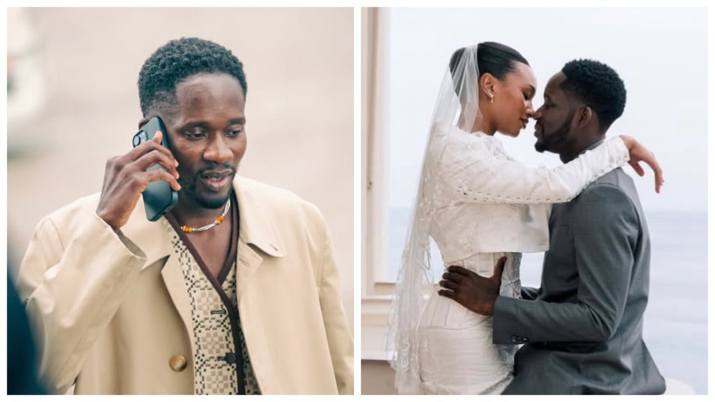 Tender wedding moment with veiled Temi touching noses with partner Mr Eazi outdoors.