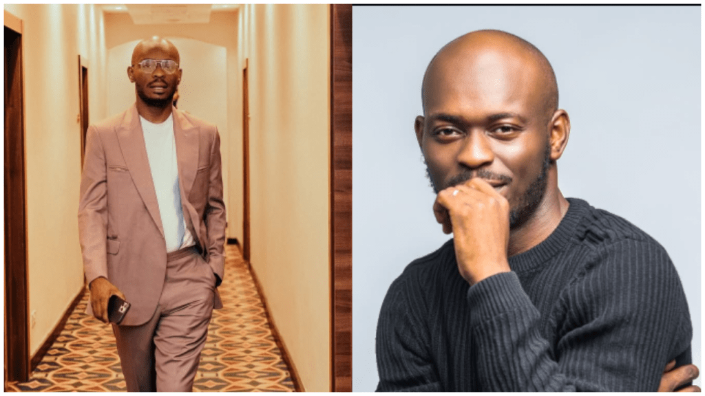 Mr Jollof pictured in two shots, one walking in a hallway wearing a mauve suit with white inner shirt and glasses, and the other posing in a close-up wearing a black sweater with his hand resting on his chin.