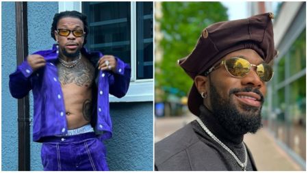 Left: Nigerian singer Mr Real poses outdoors in a bold purple outfit, shirt open to reveal his tattoos and jewellery. Right: Music star D’banj smiles in sunglasses, a brown cap with cowrie details, and layered necklaces.