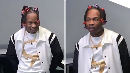 Nigerian singer Naira Marley wearing a white and black jacket over a printed T-shirt, accessorised with gold chains, and styled hair decorated with red and purple beads in two different poses.