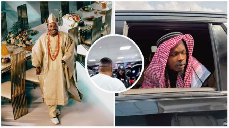 Nigerian singer Naira Marley in different outfits. In the first photo, he wears a golden agbada with traditional beads, smiling while walking beside a decorated dining table. The second shows him looking out from a car window, dressed in a red and white keffiyeh. The inset image captures him indoors, standing among people in what appears to be a store.