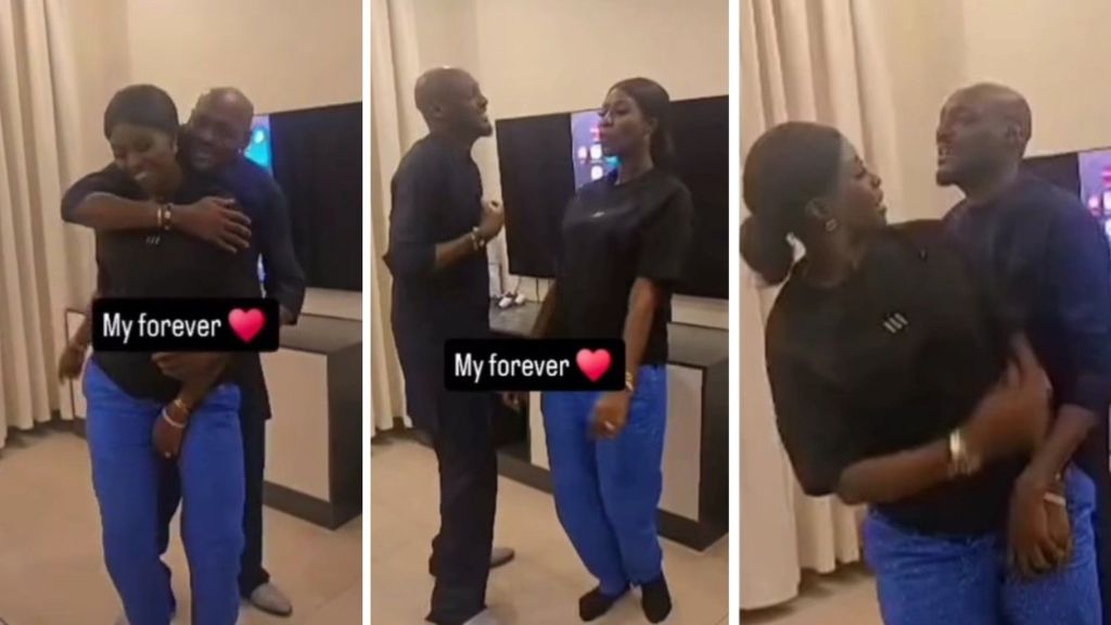 Nigerian music legend 2Baba shares a playful and intimate moment with his new wife, Natasha Osawaru, as they dance together indoors.