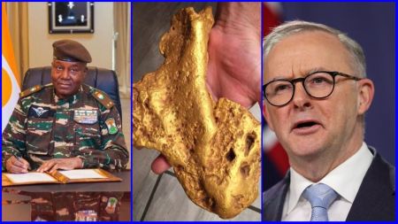 Collage showing a Niger military president seated at a desk signing documents, a hand holding a large gold nugget, and Australian Prime Minister Anthony Albanese speaking at a podium.