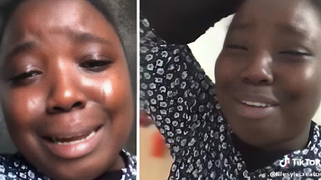 Nigerian woman in distress wearing a black patterned dress, seen crying and pleading for help in two different frames.