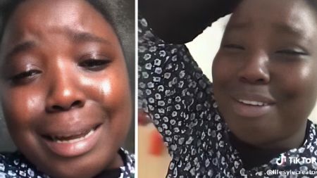 Nigerian woman in distress wearing a black patterned dress, seen crying and pleading for help in two different frames.
