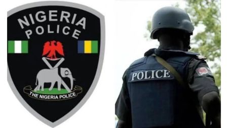 A split image showing the official Nigeria Police Force crest on the left, featuring an elephant and the national symbols, and on the right, the back view of a Nigerian police officer in uniform wearing a protective helmet and vest with "POLICE" written across it.