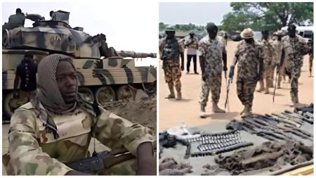 Nigerian soldiers in camouflage uniform during a counter-insurgency operation, with military tanks and seized weapons displayed on the ground.