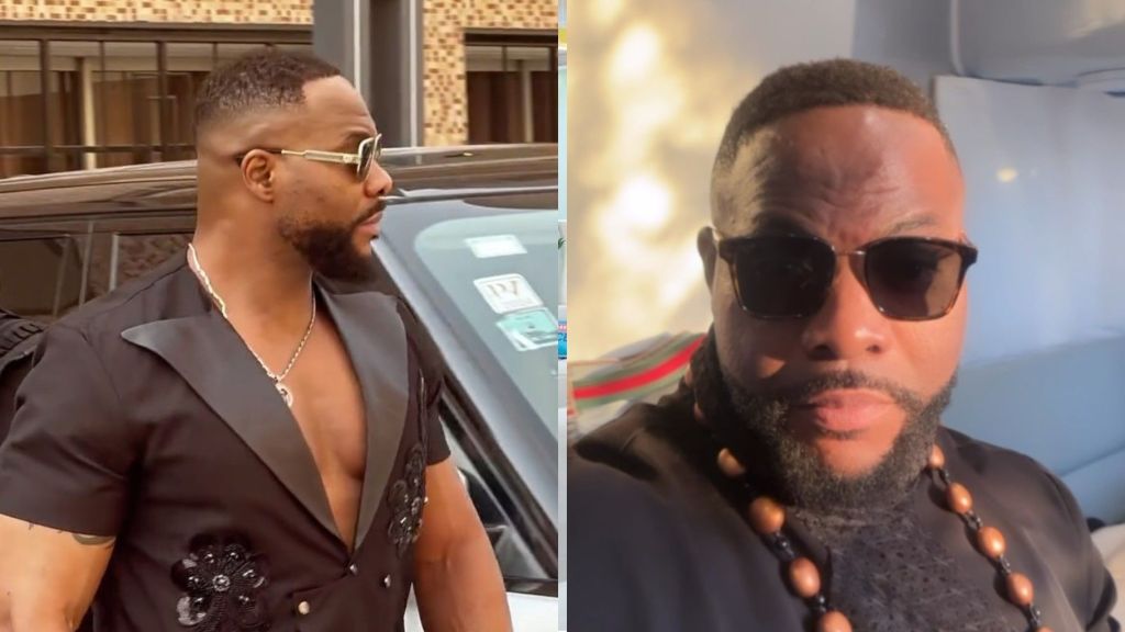 Nigerian actor Bolanle Ninalowo spotted in two different stylish looks, wearing sunglasses — one in an open-chest black outfit beside a car, and the other in a traditional-inspired black attire with wooden bead necklace.