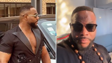 Nigerian actor Bolanle Ninalowo spotted in two different stylish looks, wearing sunglasses — one in an open-chest black outfit beside a car, and the other in a traditional-inspired black attire with wooden bead necklace.