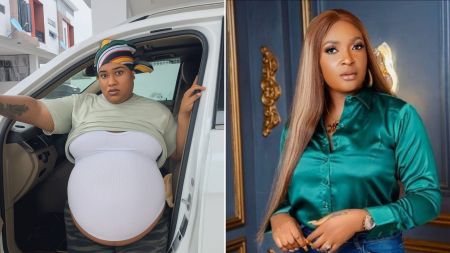 Side-by-side photo of Nigerian personalities Blessing CEO, who is seated in a car showing off her baby bump while wearing a headscarf and white top, and actress Nkechi Blessing, posing indoors in a green satin blouse and jeans.