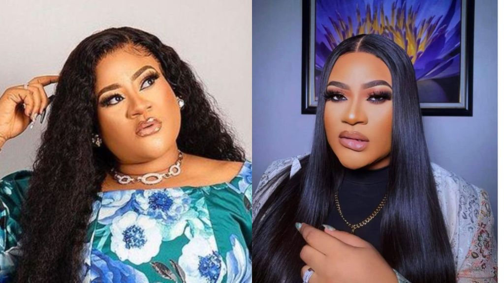 Nigerian actress Nkechi Blessing poses in two stunning portraits. On the left, she wears a floral off-shoulder dress with voluminous curly hair, accessorised with a silver necklace. On the right, she looks elegant with sleek straight hair, a dark inner top, and a patterned jacket, styled with bold makeup and a gold chain