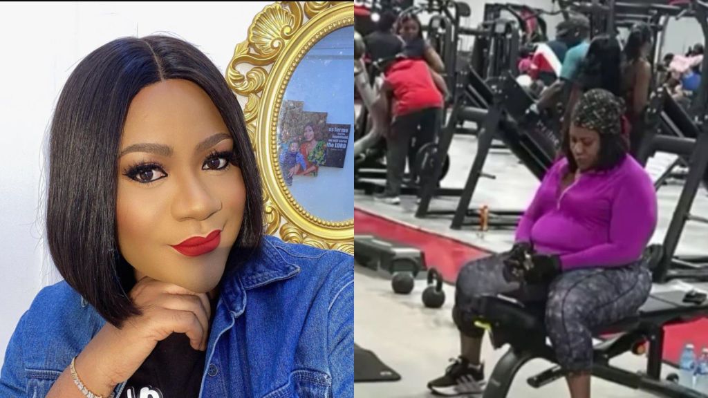 Nigerian actress Nkechi Blessing-Sunday in a close-up portrait wearing a denim jacket and red lipstick (left), and in another scene at the gym dressed in a purple sports top and patterned leggings while seated on a workout bench (right).