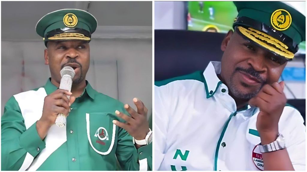 Collage showing the NURTW leader in two poses: on the left, he speaks into a microphone while wearing a green uniform and matching cap; on the right, he smiles while resting his head on his hand, also in NURTW attire.