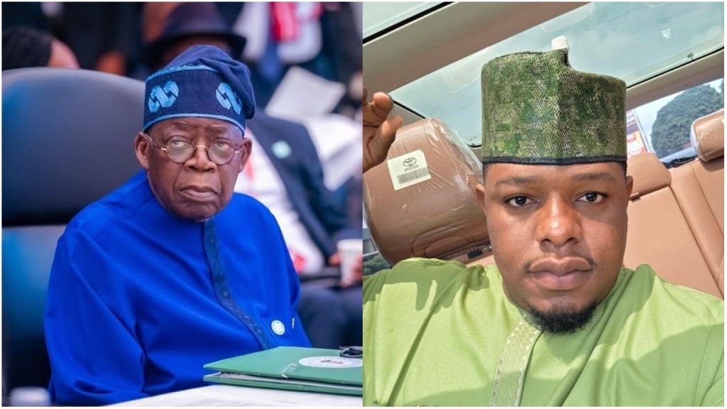 Collage of Obidike Chukwuebuka taking a selfie inside a car dressed in green attire and cap, alongside Nigerian President Bola Ahmed Tinubu seated in a blue outfit with a cap at an official event.