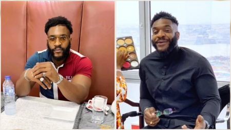 Nigerian actor Odera Mbadiwe pictured in a split image. On the left, he is seated at a dining table wearing a multicoloured polo shirt and glasses. On the right, he is dressed in a black outfit, smiling while holding glasses as a makeup artist touches up his look.