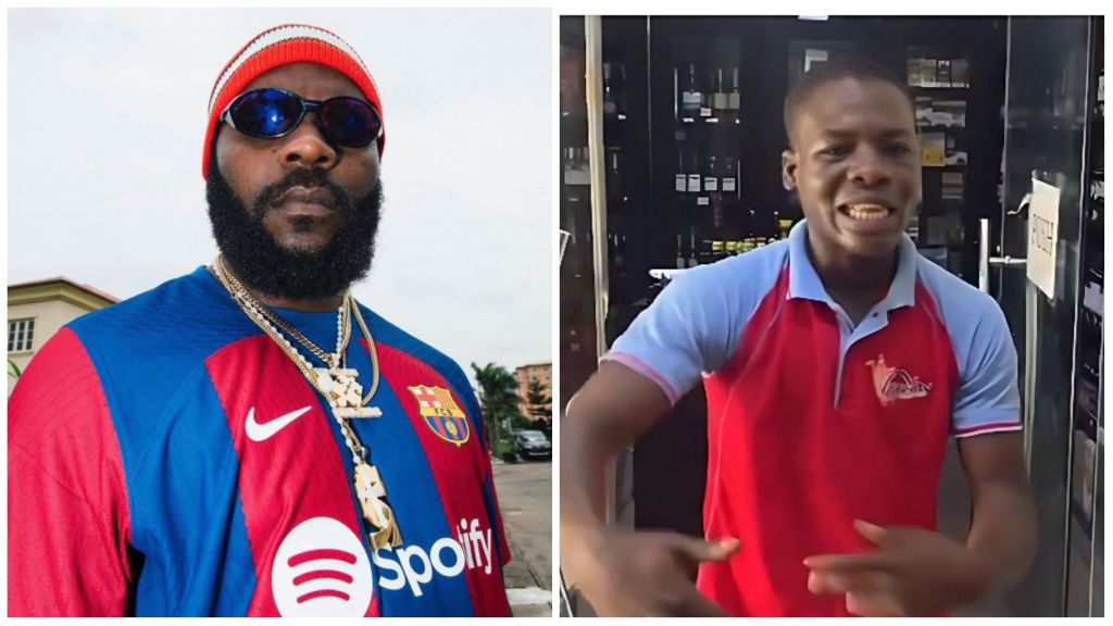 Nigerian rapper Odumodu Blvck in a Barcelona jersey and beanie, wearing gold chains, pictured beside a young sales boy in a red and blue shop uniform smiling and gesturing.