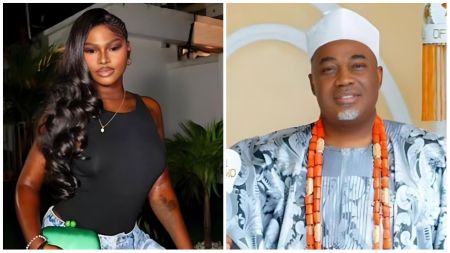 Nigerian socialite Mandy Kiss poses in a black top and jeans with a green purse, alongside an Ogun monarch dressed in traditional attire with coral beads.