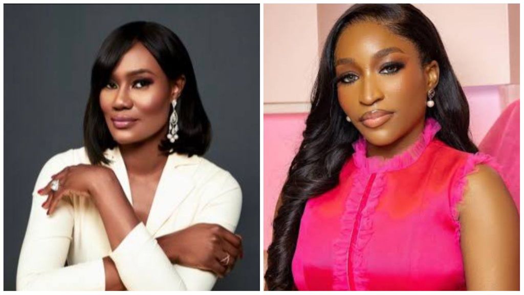 Side-by-side photo of Nigerian TV host Ojy Okpe in a white outfit with dangling earrings on the left, and late Arise TV anchor Somtochukwu Christelle Maduagwu in a pink sleeveless dress on the right.