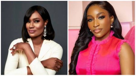 Side-by-side photo of Nigerian TV host Ojy Okpe in a white outfit with dangling earrings on the left, and late Arise TV anchor Somtochukwu Christelle Maduagwu in a pink sleeveless dress on the right.