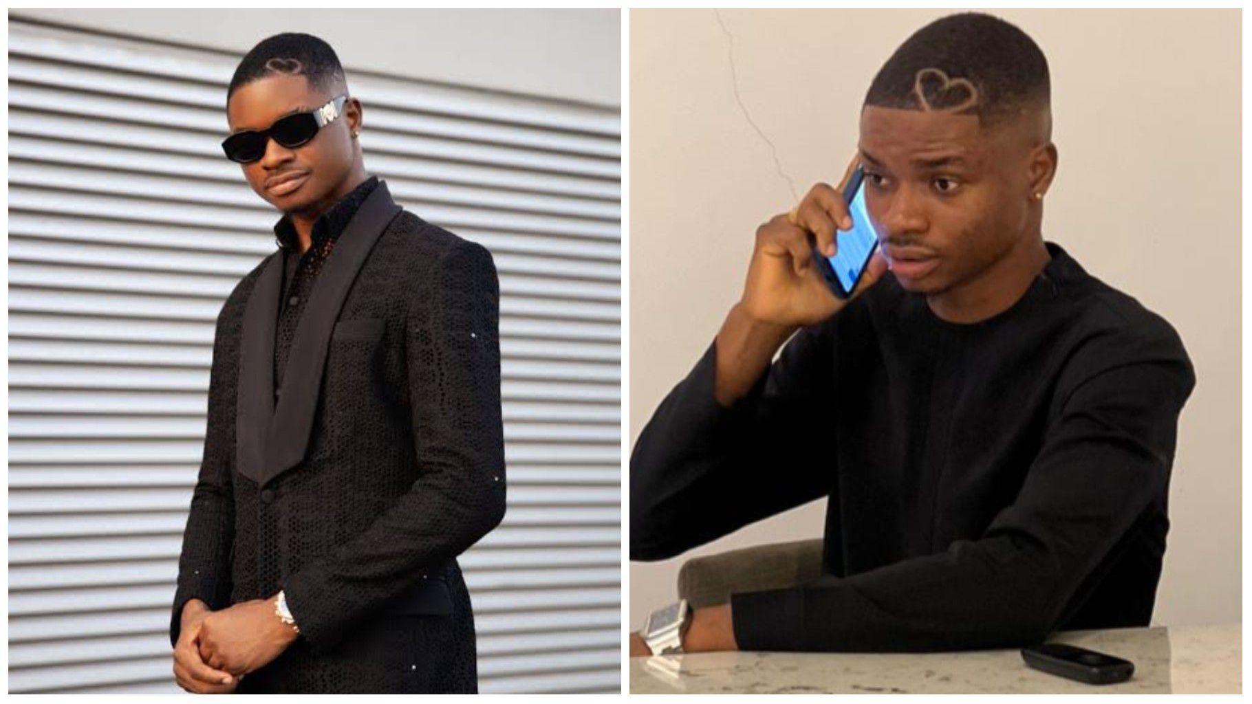 Nigerian social media influencer Ola of Lagos pictured in two shots — one in a stylish black suit with sunglasses, and another seated indoors making a phone call while dressed in a black outfit.