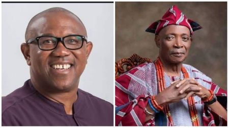 A photo collage showing Peter Obi smiling in a purple shirt and glasses on the left, and the Olubadan of Ibadanland seated in traditional Yoruba attire and beads on the right.