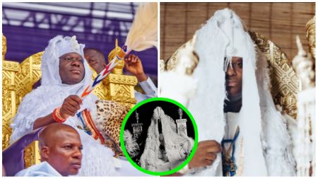 The Ooni of Ife dressed in traditional white regalia, seated on a golden throne holding a ceremonial staff and horsetail whisk, with attendants around him during a royal event.