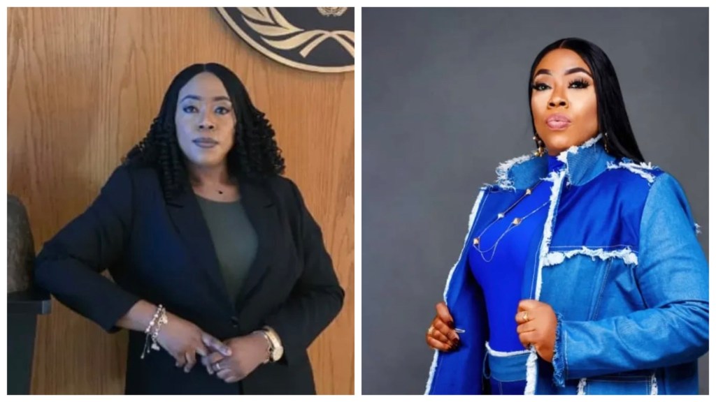 Dolapo Bastos in a black blazer before a wood panel with an insignia, while also in a blue denim jacket over a royal-blue outfit against a studio grey backdrop.