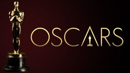 Golden Oscar statuette displayed next to the word "OSCARS" written in bold gold letters on a dark background.