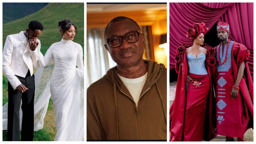 Mr Eazi kisses Temi’s hand outdoors; centre, Femi Otedola in glasses; Temi and Mr Eazi in rich burgundy Yoruba attire before a draped backdrop.