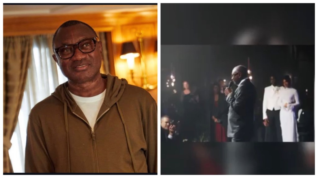 Femi Otedola in glasses and a brown hoodie, warm room lights behind. Otedola holds a microphone during a wedding reception, while the bride and groom stand in the background.