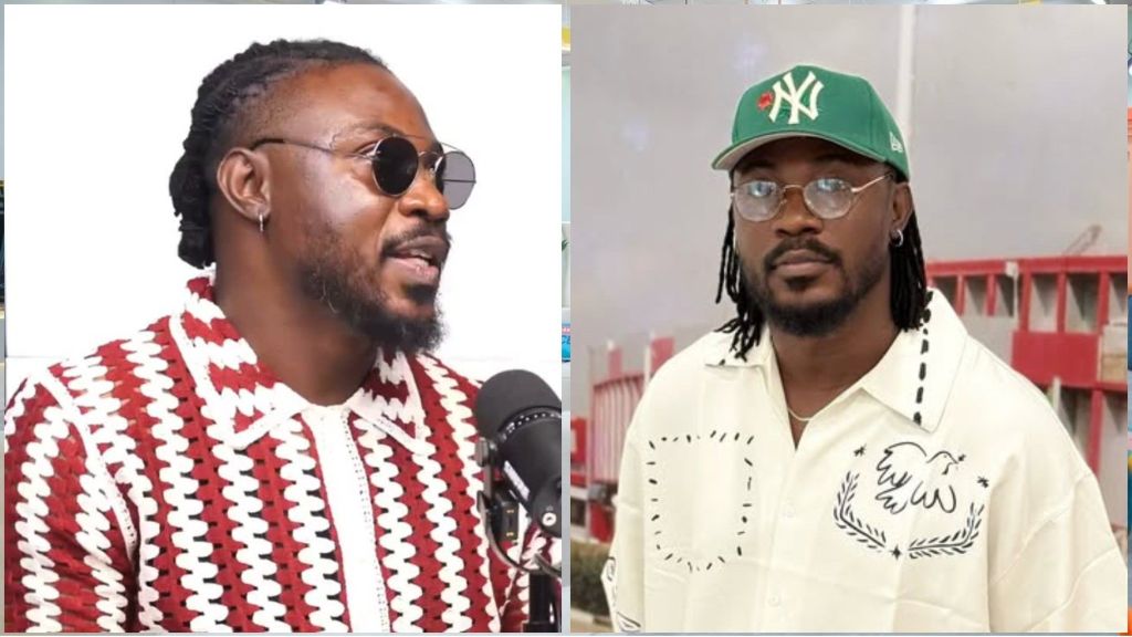 Big Brother Naija star Otega spotted in two different stylish looks — one in a red-and-white patterned shirt speaking into a microphone, and another in a cream shirt with bird embroidery paired with a green cap.