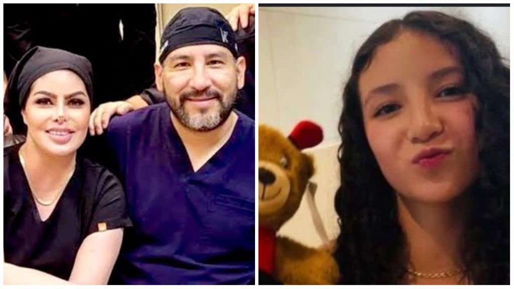 Paloma Nicole poses for a photo with her mother and her mother’s boyfriend, both dressed in dark medical scrubs, while another photo shows Paloma smiling and holding a teddy bear.