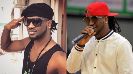 Side-by-side collage of Nigerian singer Paul Okoye. On the left, he salutes while wearing a black beret, dark sunglasses, a sleeveless top, and a beaded necklace. On the right, he performs on stage holding a microphone, dressed in a white shirt and red cap.