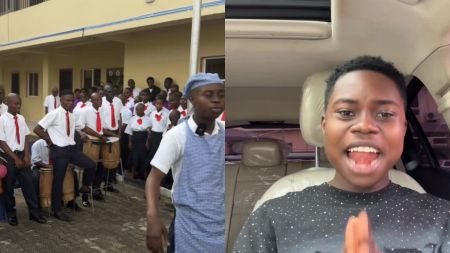 "Popular Nigerian streamer Peller visits a school of the blind, seen in one frame with students performing music in uniform and in another frame speaking excitedly inside a car."